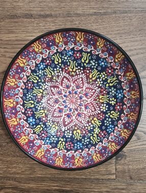 Hand-Painted Ceramic Decorative Bowl - Red & Navy Floral Mandala